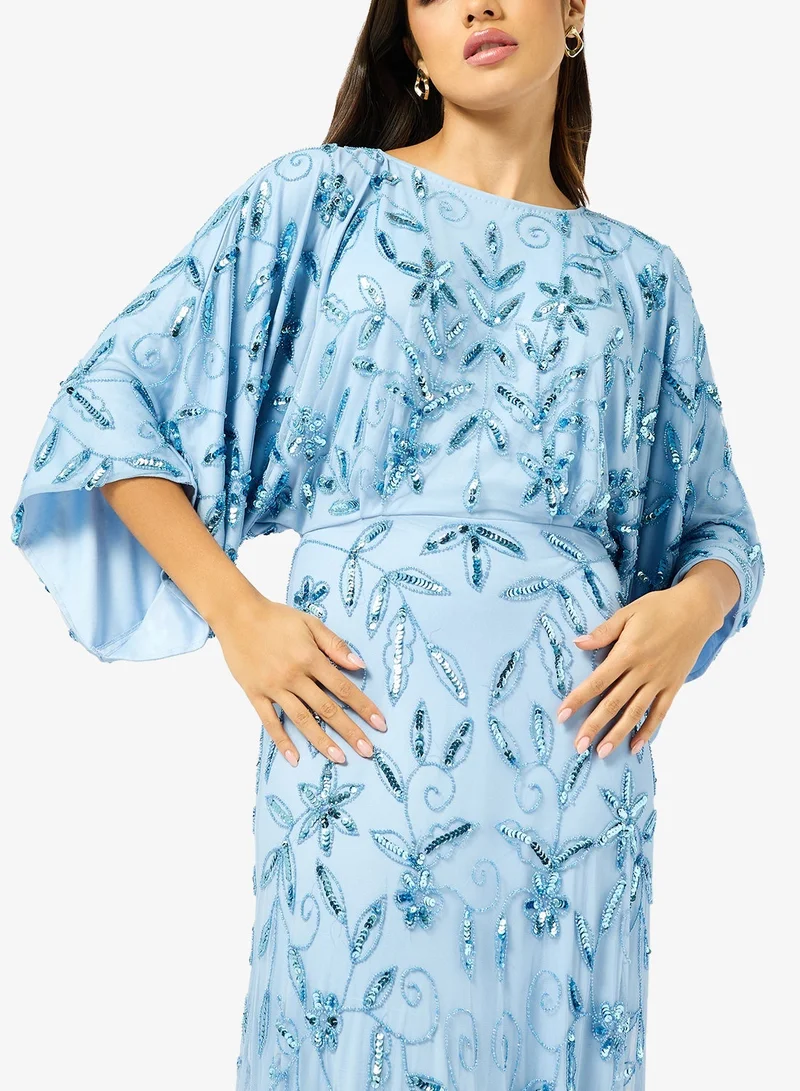 Frock And Frill  Embroidered Cape Sleeve Maxi Dress for Women | Best Price UAE